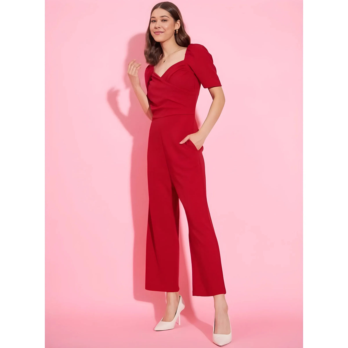 Women's Polyester Lycra Solid Puff Sleeve Jumpsuit (red) | Women Signature Collection