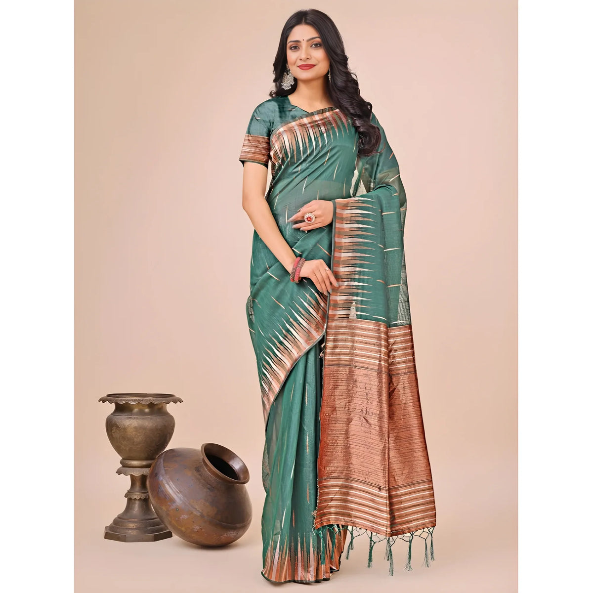 Women's Linen Cotton Printed Saree With Unstitched Blouse 5.5mtr (green) | Women Signature Collection