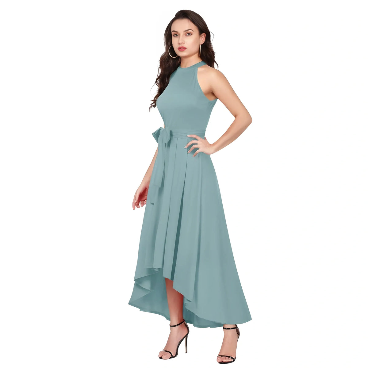 Women's Polyester Solid Halter Neck Sleeveless Dress (pista) | Women Signature Collection