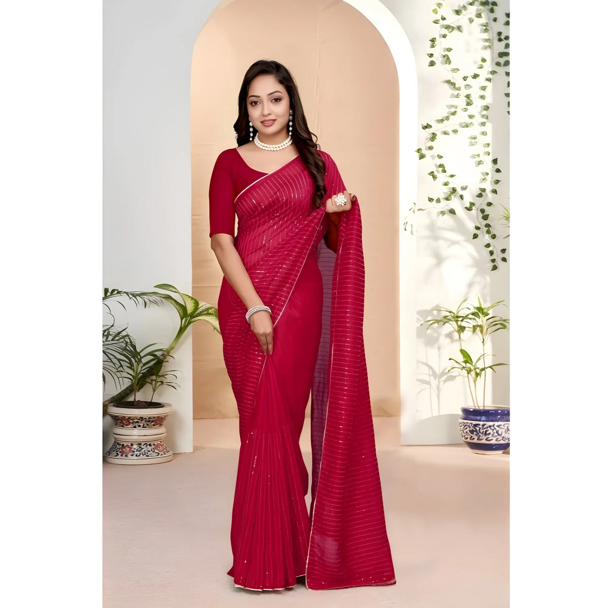 Women's Vichitra Silk Striped Saree With Unstitched Blouse 5.5mtr (pink) | Women Signature Collection