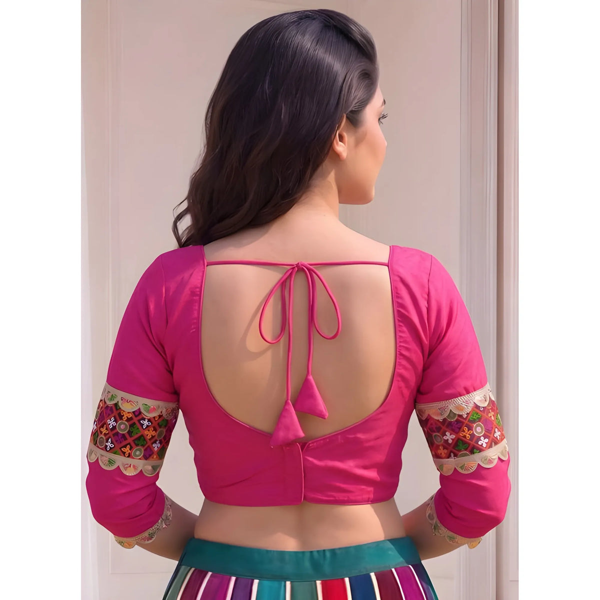 Rose Women's Cotton Blend Embroidered 3/4 Sleeve V-Neck Padded Readymade Blouse