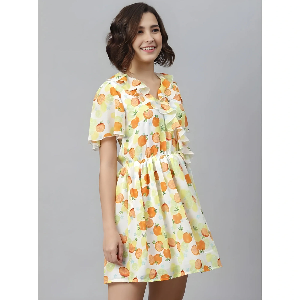 Women's Polyester Printed Flutter Above Knee Dress (yellow Orange) | Women Signature Collection