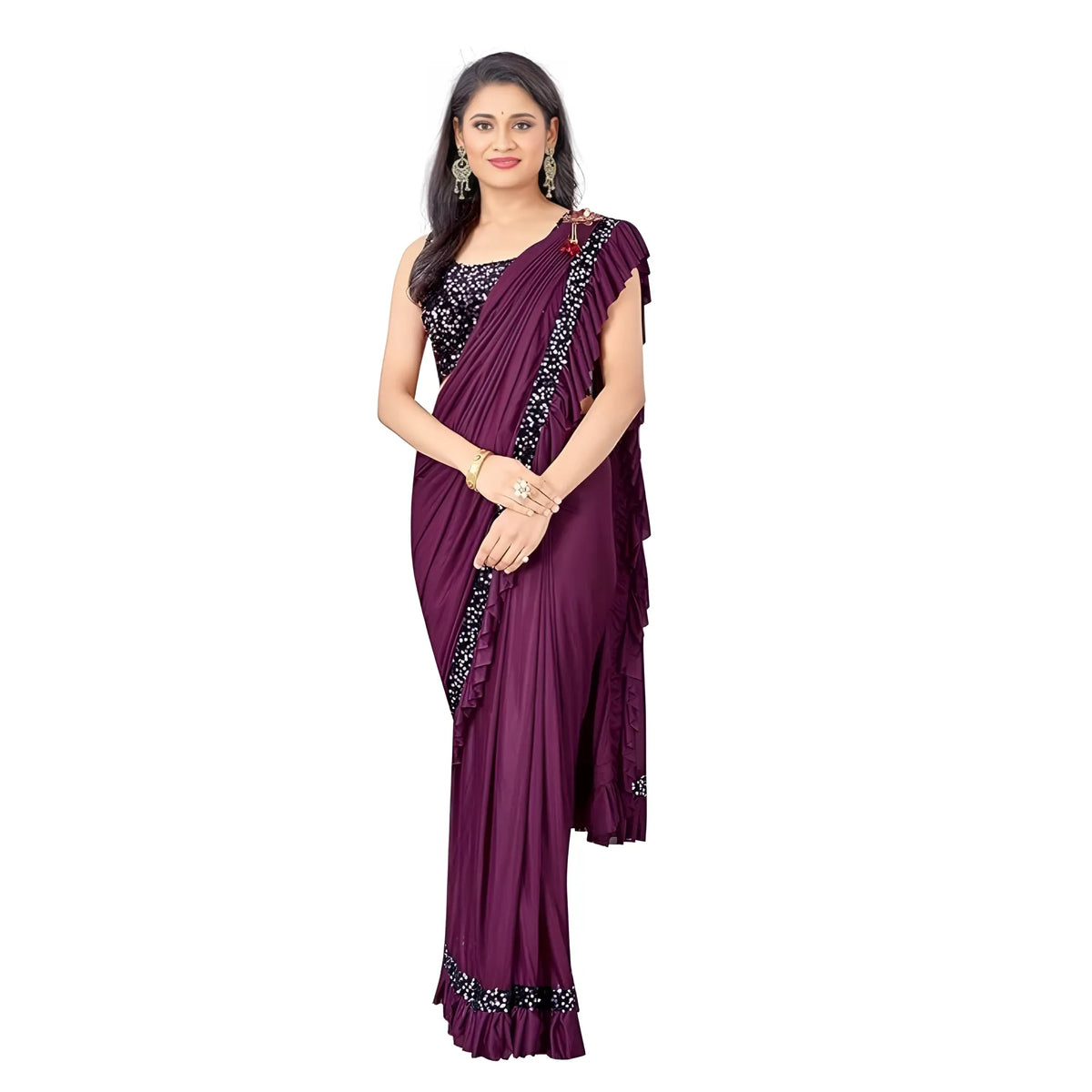 Women's Lycra Solid Saree With Unstitched Blouse (wine, 5.5 Mtr) | Women Signature Collection