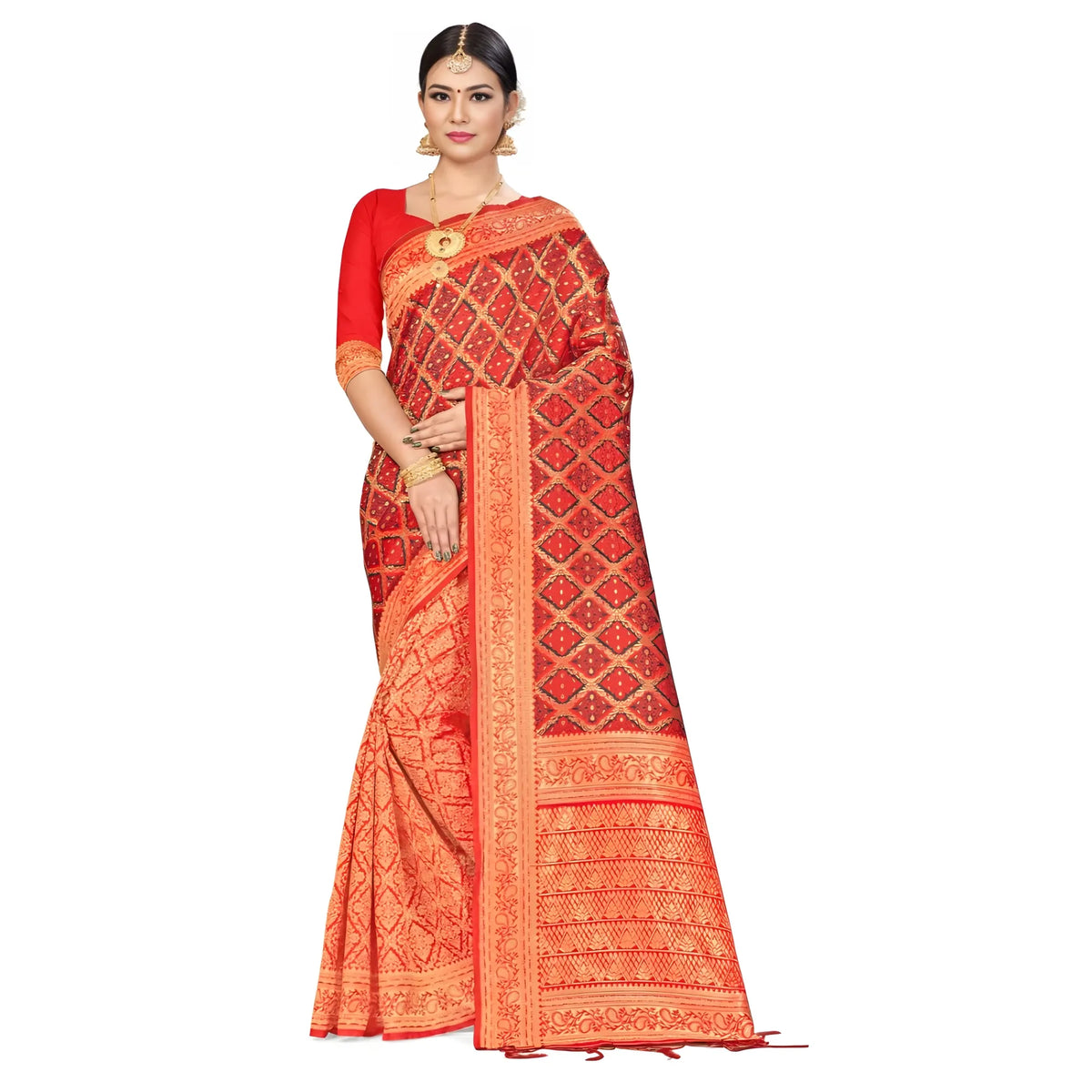 Women's Banarasi Silk Saree With Blouse (red,black, 5 6mtr) | Women Signature Collection