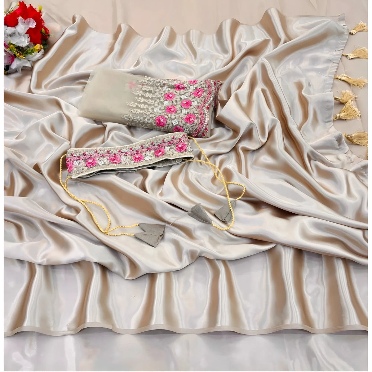 Women's Satin Solid Saree With Unstitched Blouse (beige, 5 5 Mtrs) | Women Signature Collection