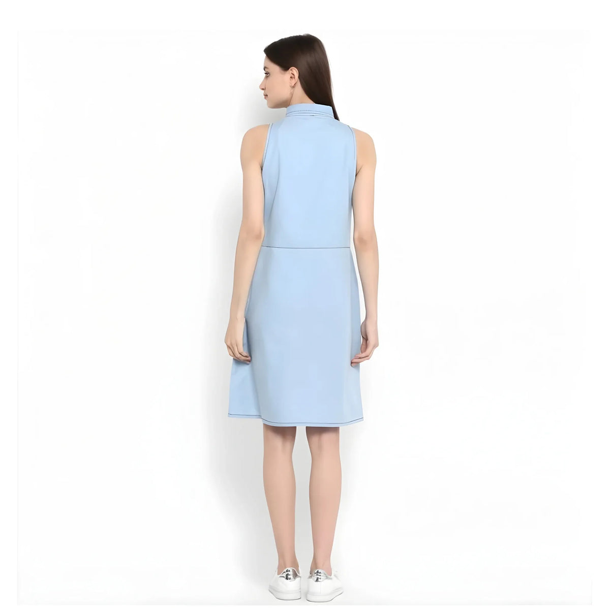 Women's Denim Solid Sleeveless Below Knee Dress (blue) | Women Signature Collection