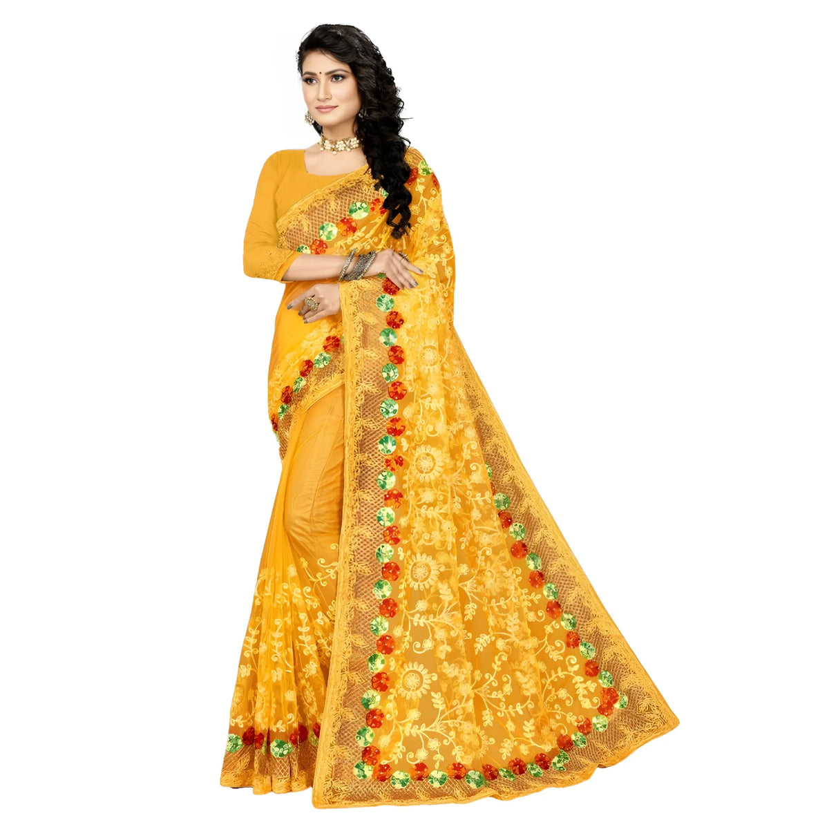 Women's Net Saree With Blouse (yellow, 5 6mtrs) | Women Signature Collection