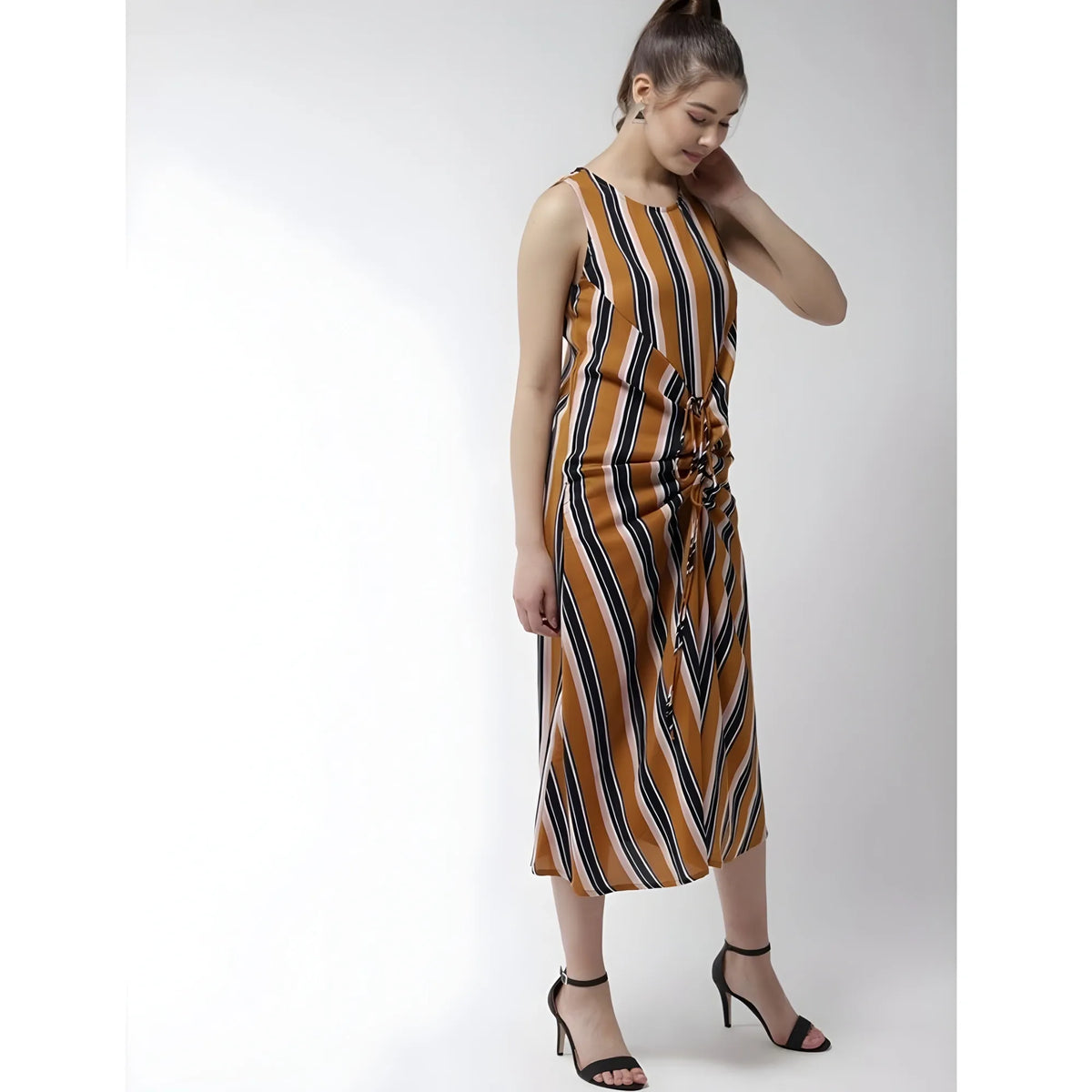 Women's Polyester Striped Sleeveless Below Knee Dress (mustard) | Women Signature Collection