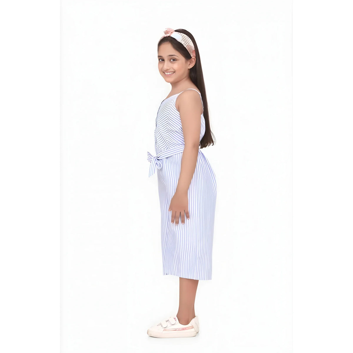 Girl's Polyester Cotton Blend Striped Sleeveless Jumpsuit (light Blue) | Kids Signature Collection