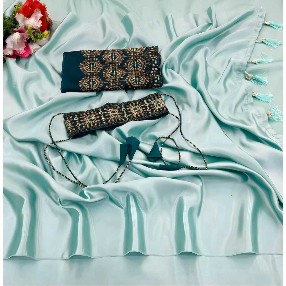 Women's Satin Solid Saree With Unstitched Blouse (skyblue, 5 5 Mtrs) | Women Signature Collection