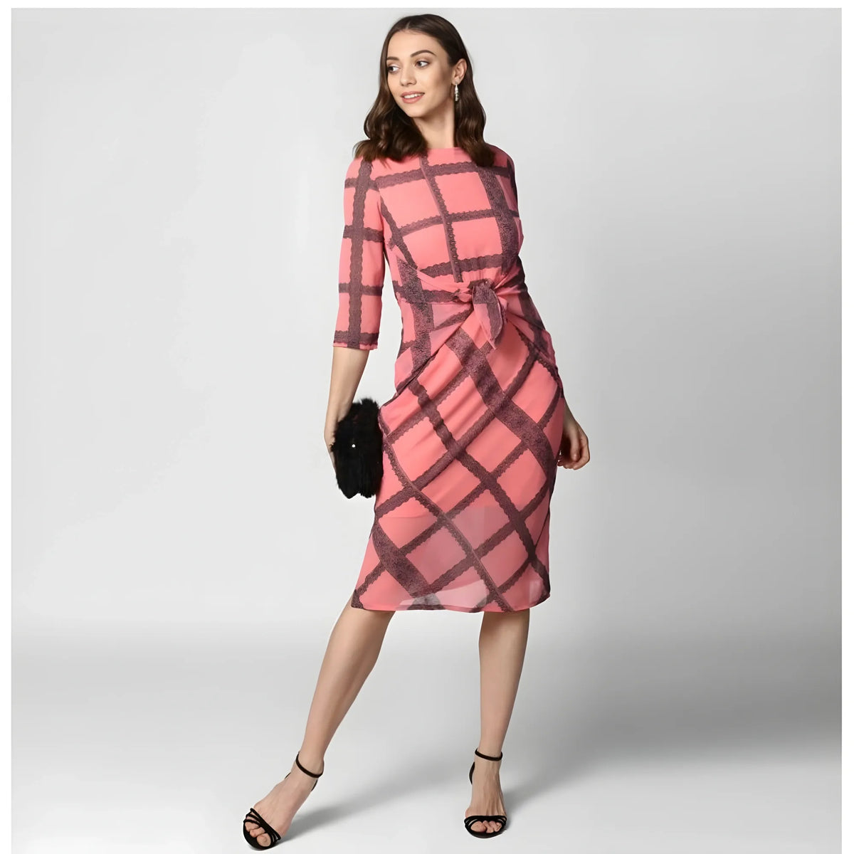 Women's Polyester Checkered 3 4th Sleeves Below Knee Dress (pink Black) | Women Signature Collection