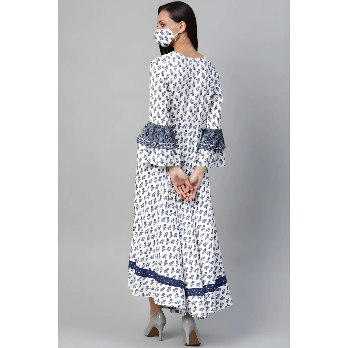 Women's Casual Bell Sleeve Floral Printed Rayon Dress (white & Blue) | Women Signature Collection
