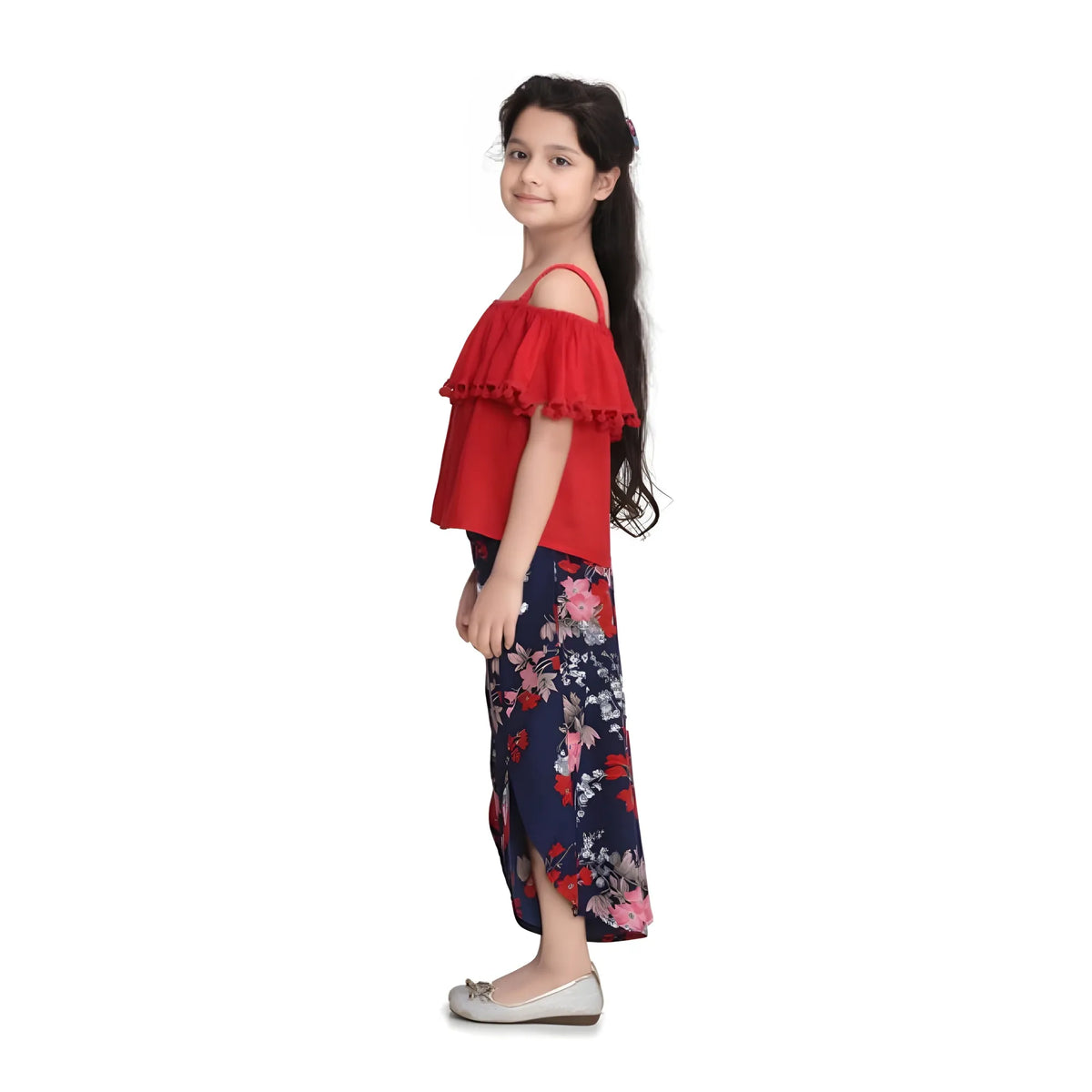 Girl's Rayon Crepe Printed Cold Shoulder Top And Pants Set (red Navy) | Kids Signature Collection