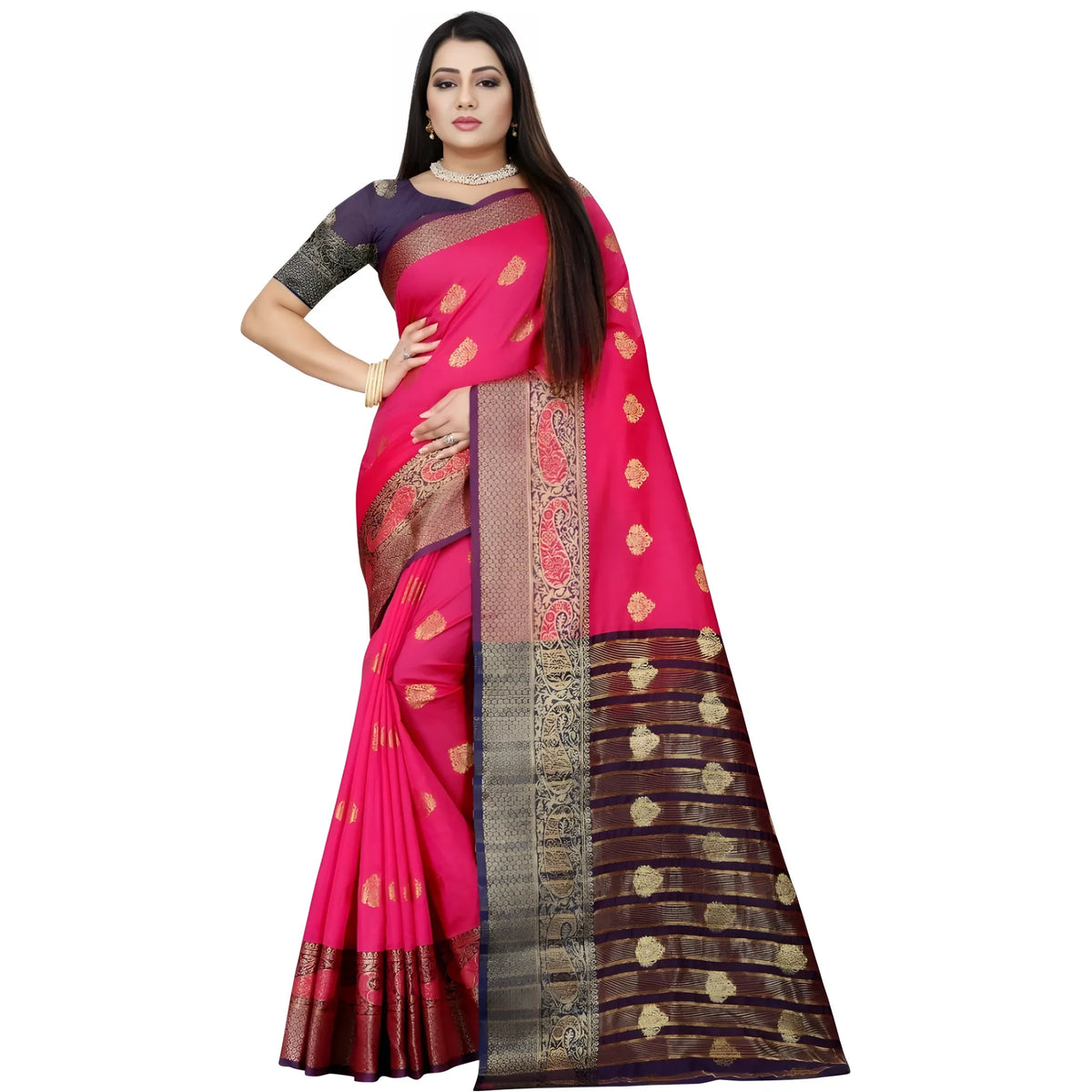 Women's Silk Blend Woven Saree With Unstitched Blouse 5.5mtr (purple Pink) | Women Signature Collection