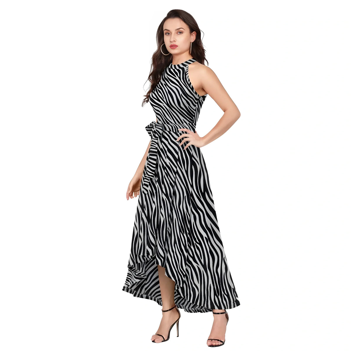 Women's Polyester Zebra Pattern Halter Neck Sleeveless Dress (navy Blue) | Women Signature Collection