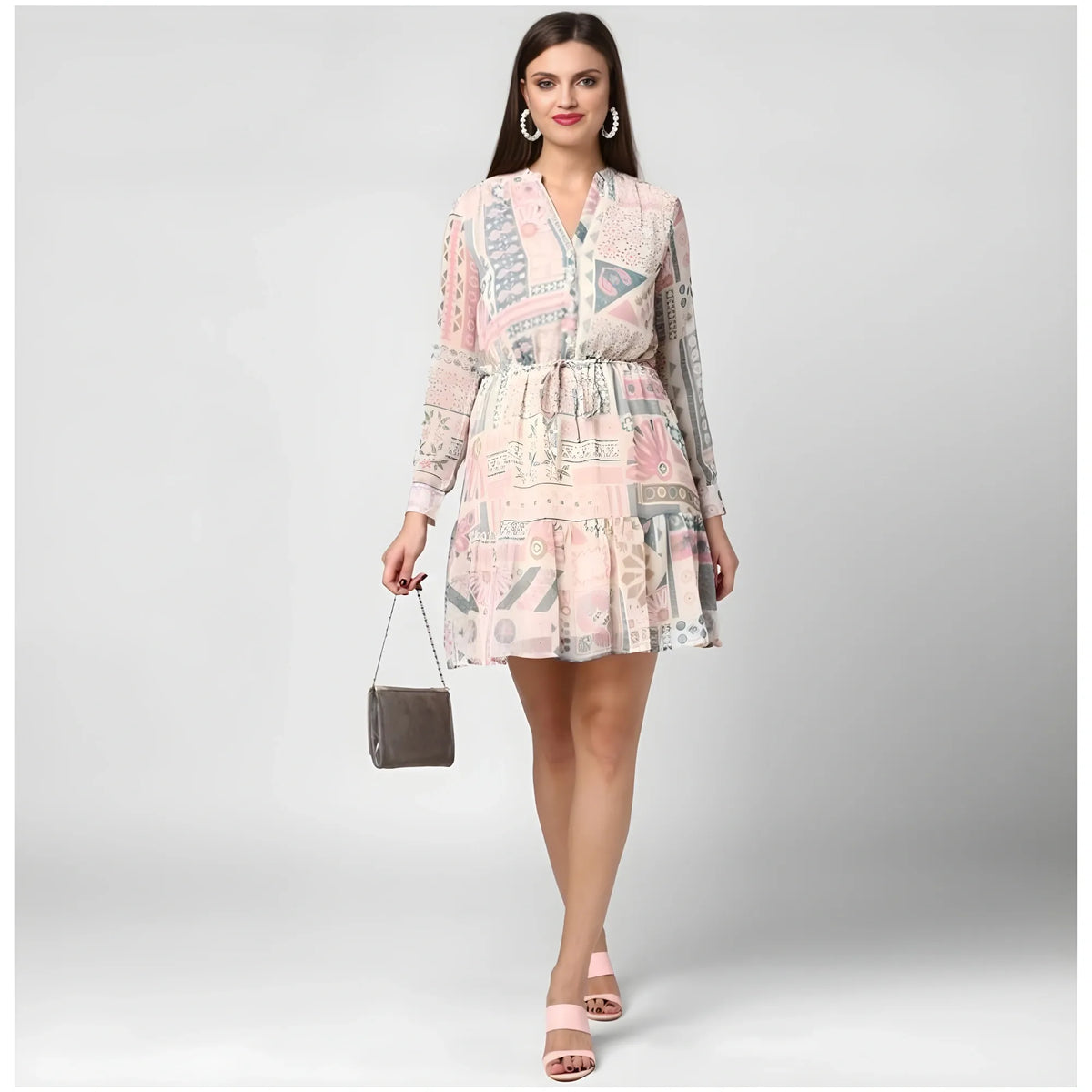 Women's Polyester Printed Long Sleeves Above Knee Dress (light Pink Off White) | Women Signature Collection