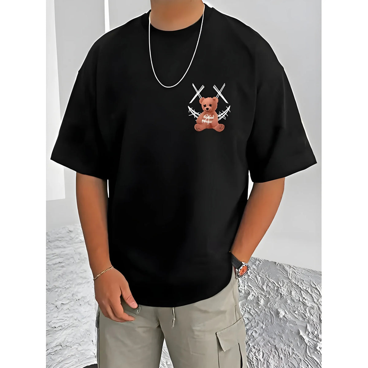 Men's Casual Cotton Blend Printed Round Neck Half Sleeve T-Shirt (Black)