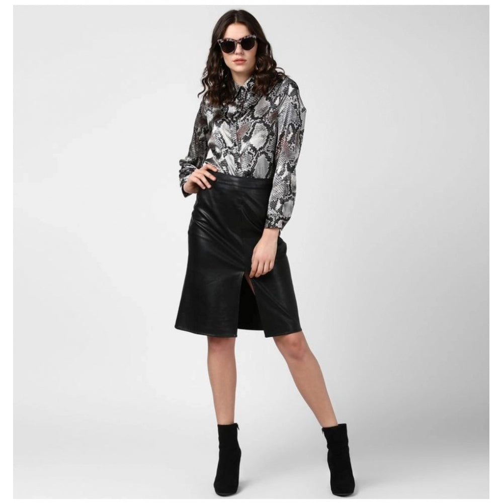 Women's Satin Animal Print Long Sleeves Standard Length Shirt (black Grey) | Women Signature Collection