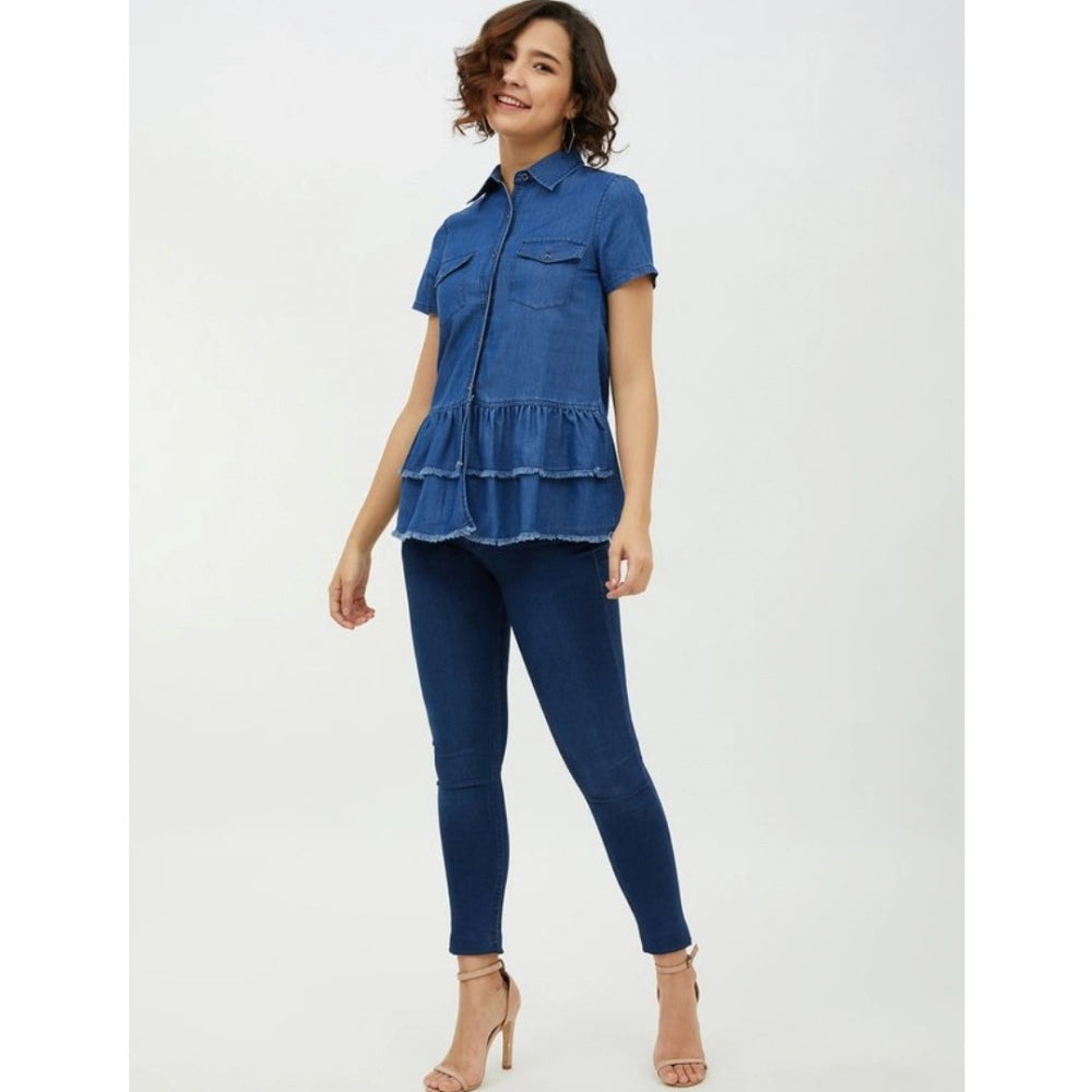 Women's Denim Peplum Short Sleeve Top (blue) | Women Signature Collection