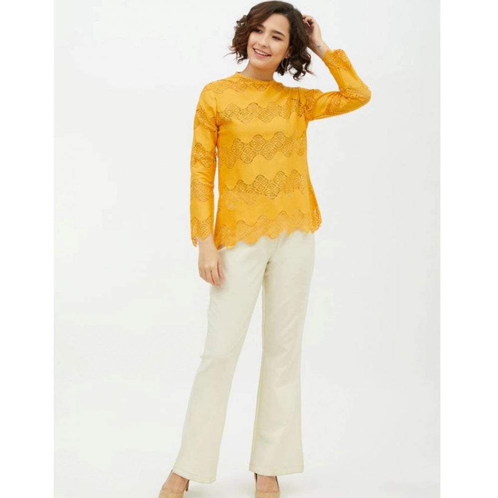 Women's Cotton Lace Inserts Long Sleeves Top (yellow) | Women Signature Collection
