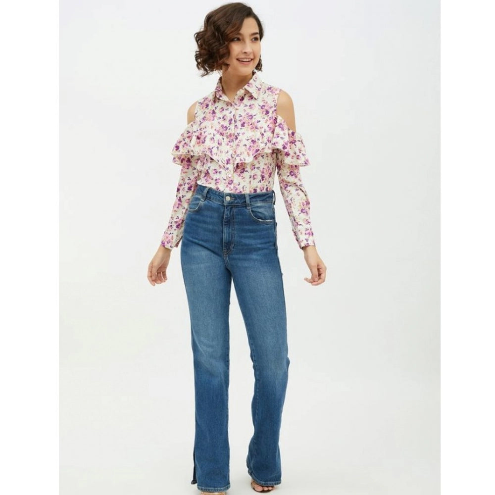 Women's Polyester Floral Cold Shoulder Standard Length Shirt (white) | Women Signature Collection