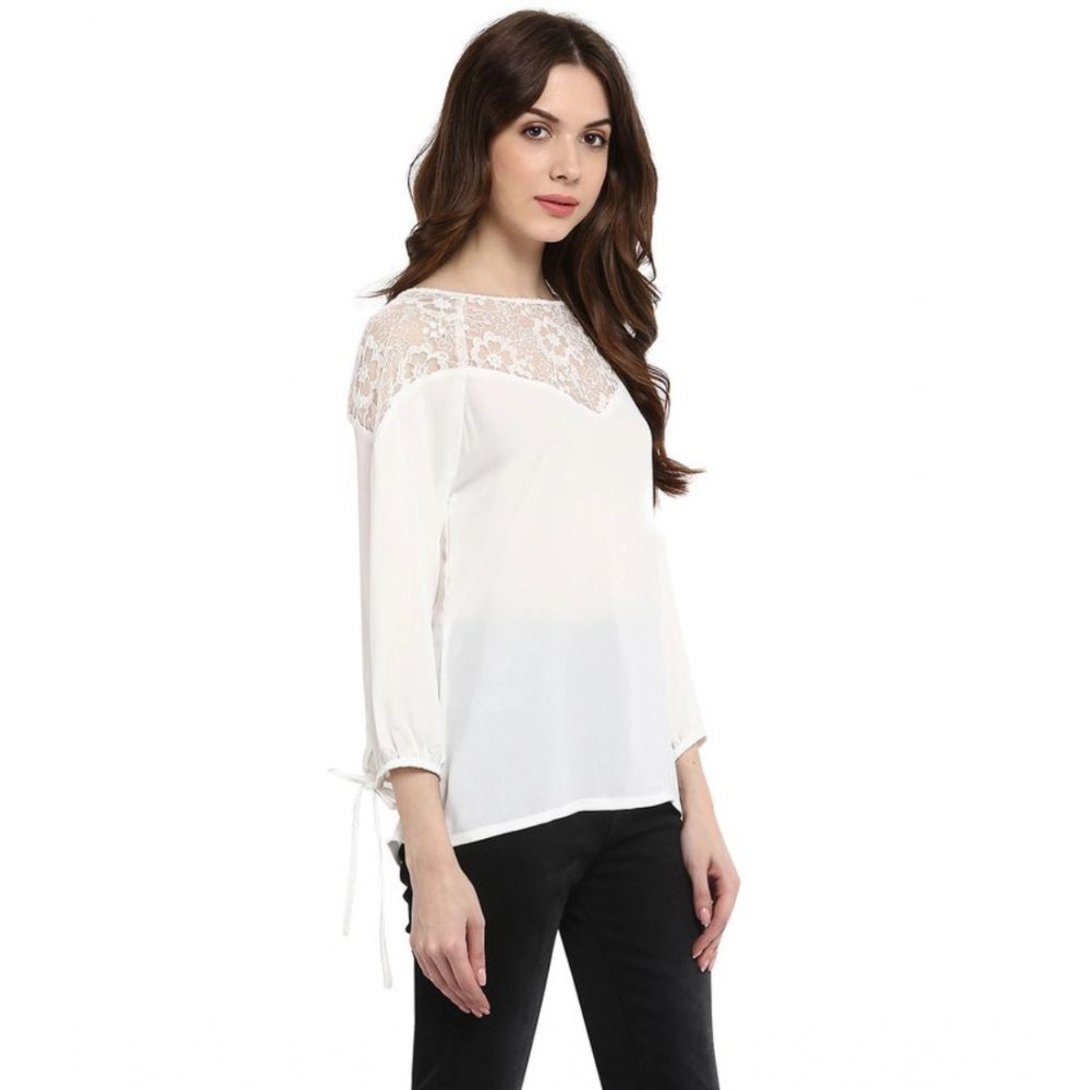 Women's Polyester Georgette Self Design 3 4th Sleeves Regular Top (white) | Women Signature Collection