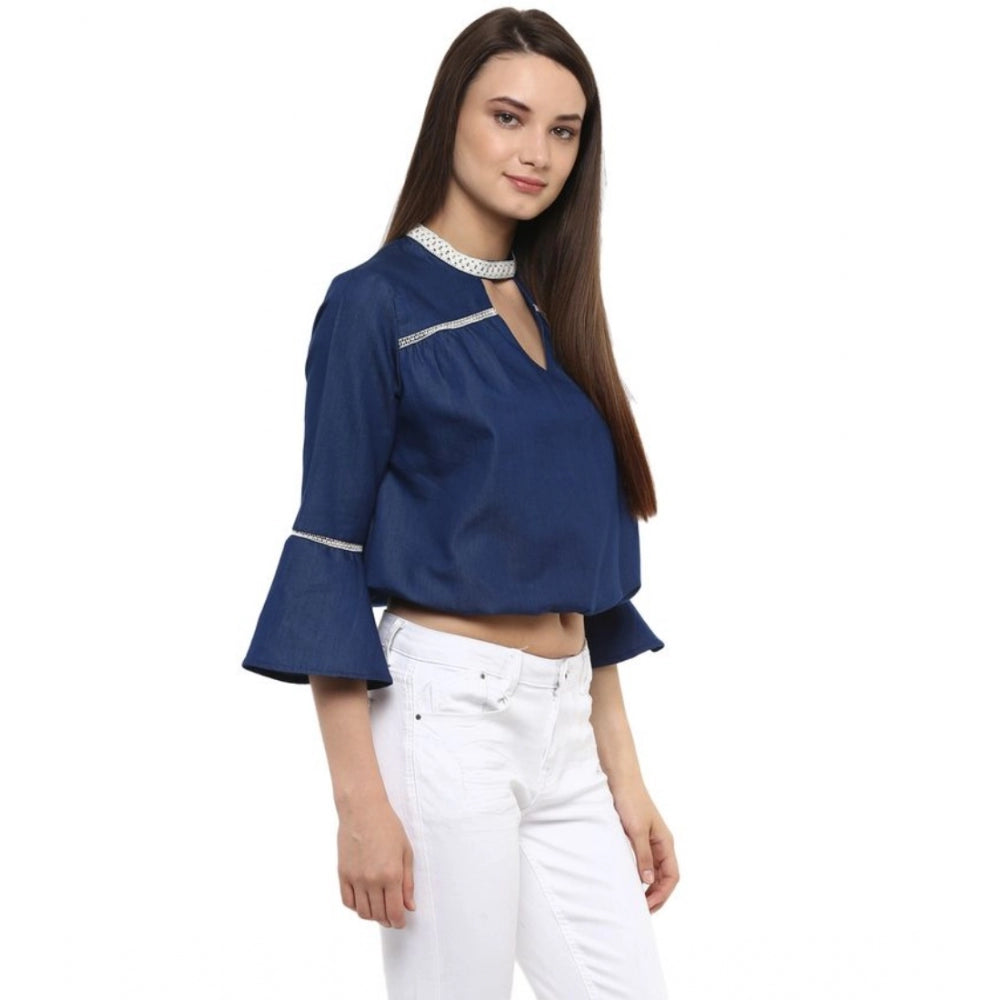 Women's Polyester Solid Bell Sleeve Regular Top (blue) | Women Signature Collection