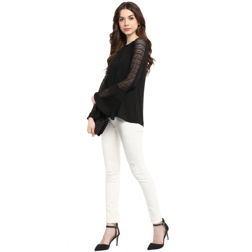 Women's Polyester Georgette Self Design Bell Sleeve Regular Top (black) | Women Signature Collection