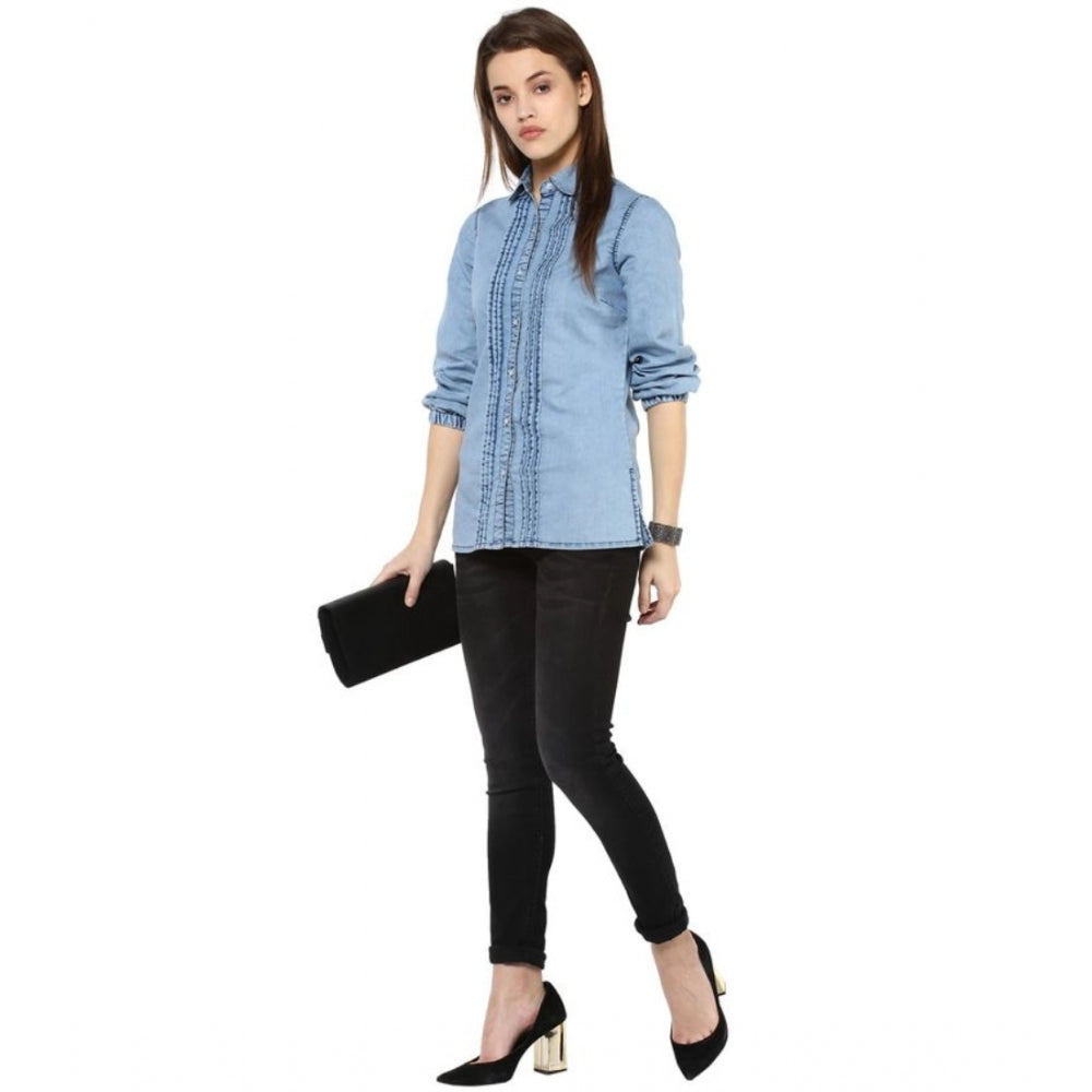 Women's Denim Solid 3 4th Sleeves Standard Length Shirt (blue) | Women Signature Collection