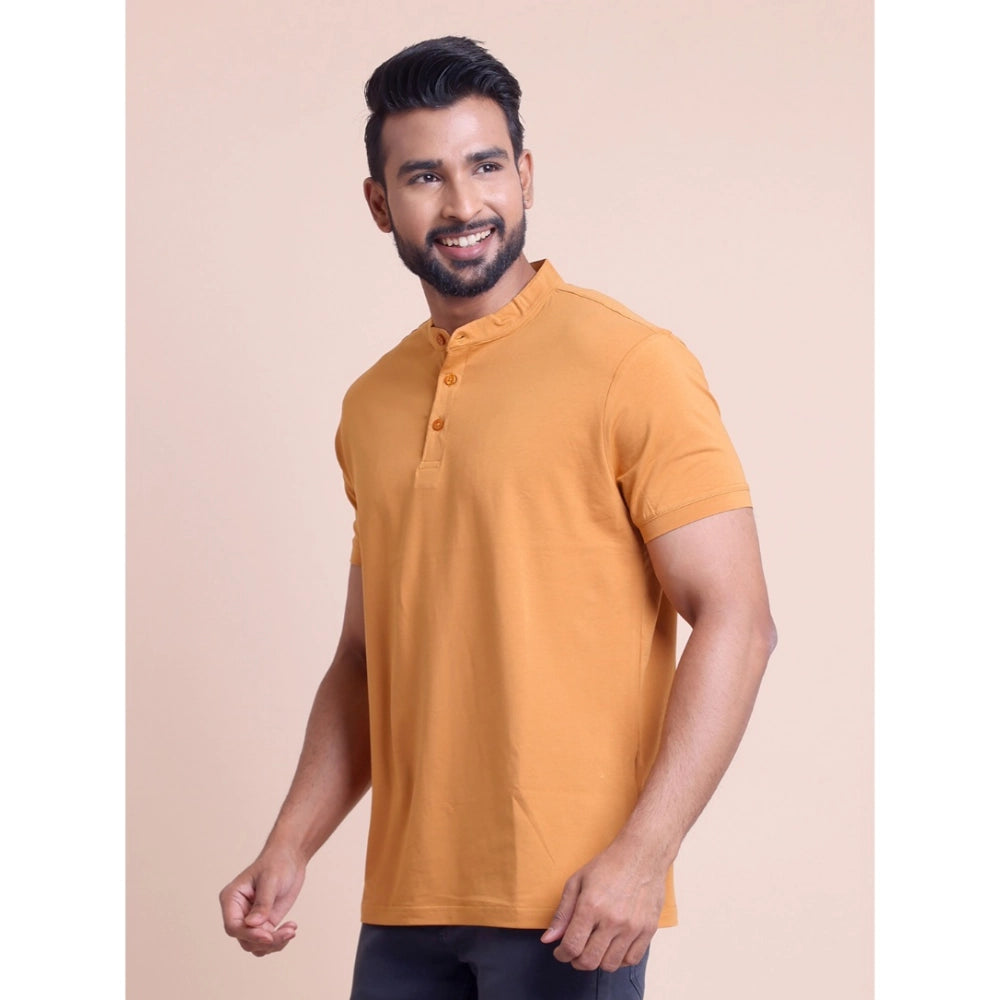 Men's Casual Cotton Solid Half Sleeve Mandarin Collar T Shirt (brown) | Men Signature Collection
