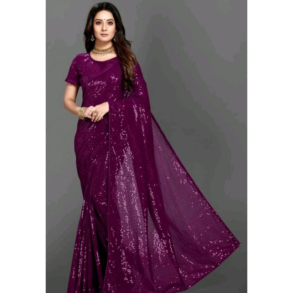 Women's Georgette Embellished Sequnece Bollywood Saree With Unstitched Blouse 5.5mtr (purple) | Women Signature Collection