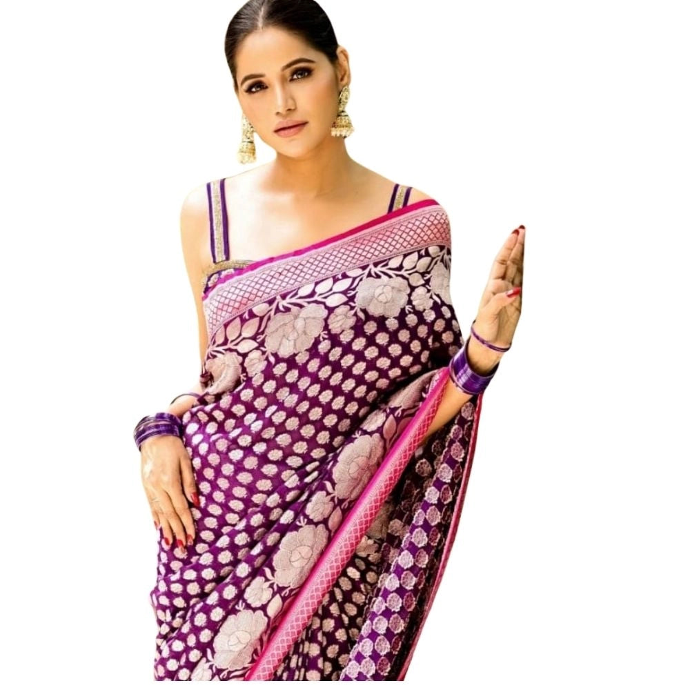 Women's Silk Printed Saree With Unstitched Blouse 5.5mtr (purple) | Women Signature Collection