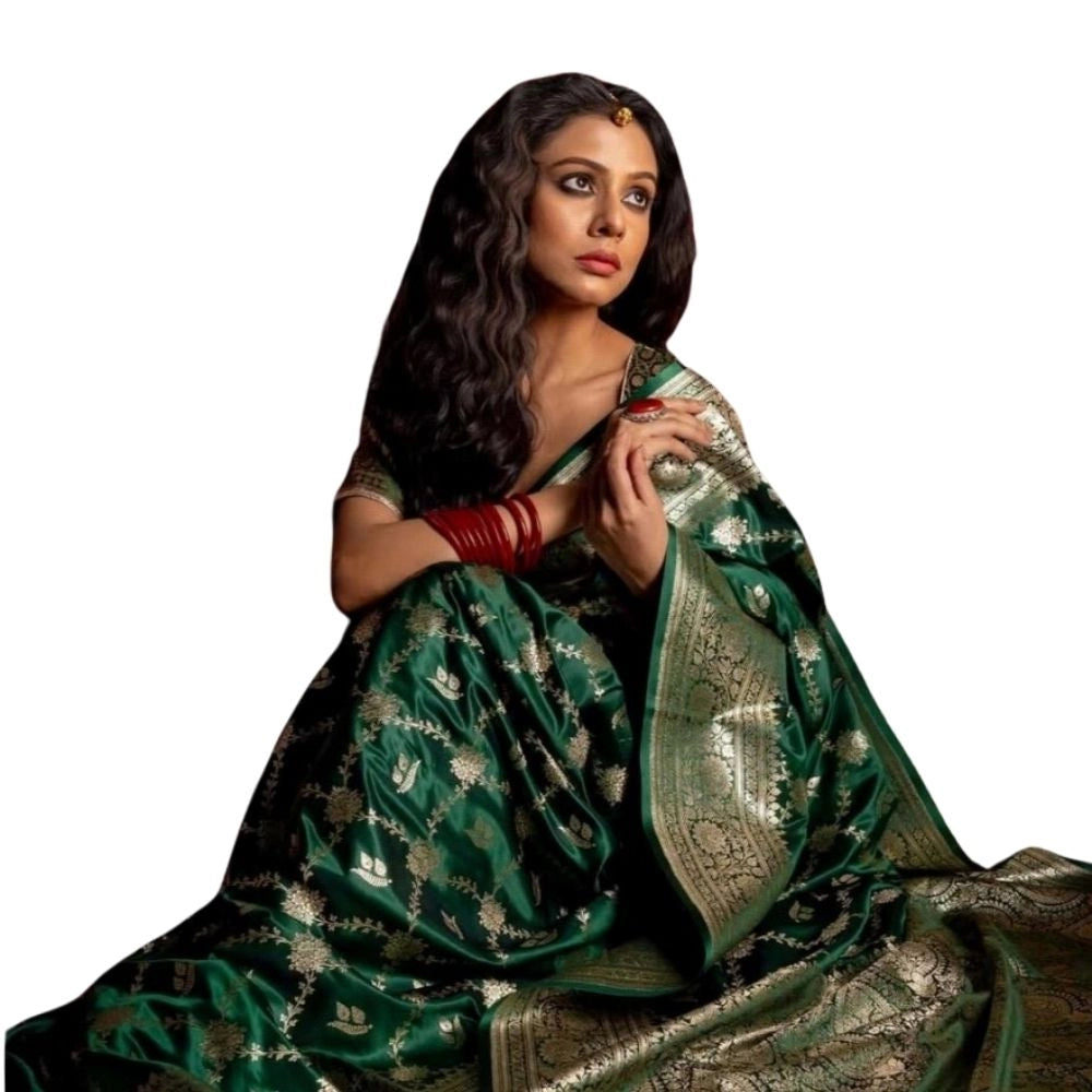 Women's Silk Printed Saree With Unstitched Blouse 5.5mtr (dark Green) | Women Signature Collection