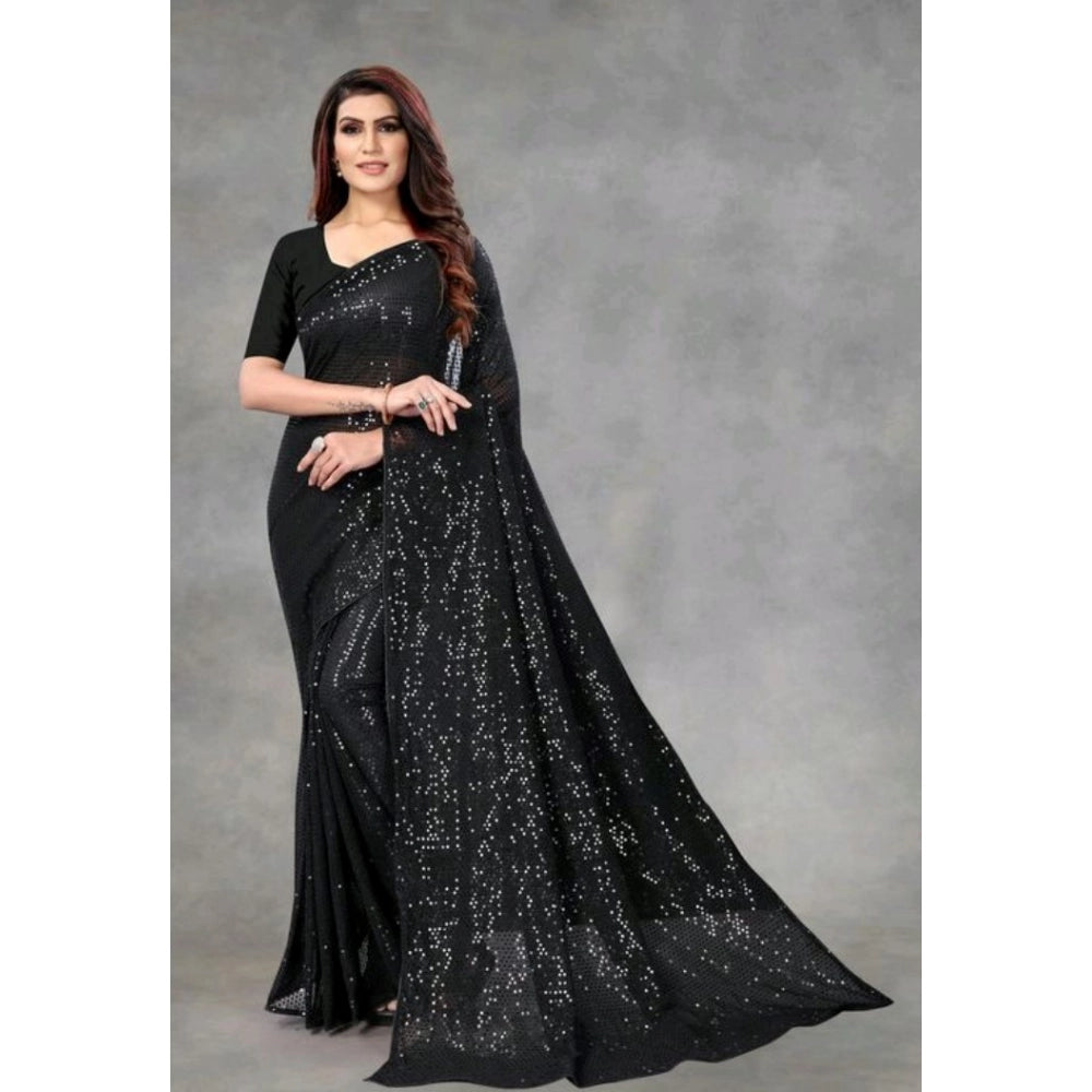 Women's Georgette Embellished Sequnece Bollywood Saree With Unstitched Blouse 5.5mtr (black) | Women Signature Collection