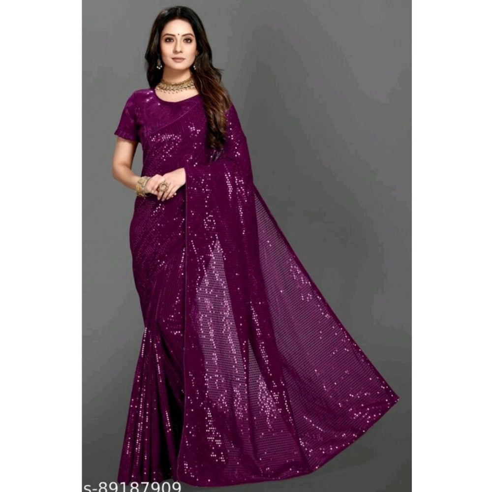 Women's Georgette Embellished Sequnece Bollywood Saree With Unstitched Blouse 5.5mtr (purple) | Women Signature Collection