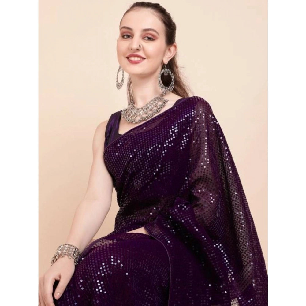 Women's Georgette Embellished Sequnece Bollywood Saree With Unstitched Blouse 5.5mtr (purple) | Women Signature Collection