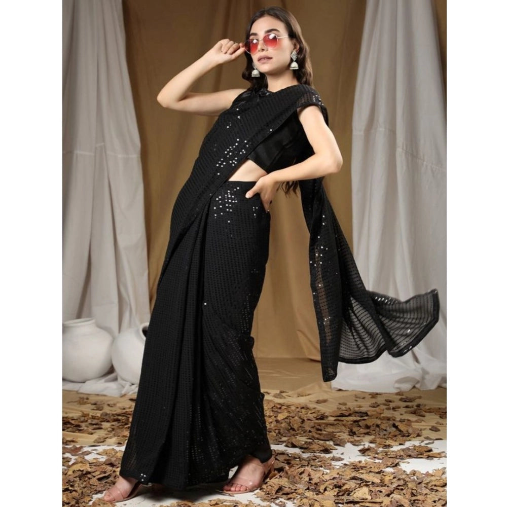 Women's Georgette Embellished Sequnece Bollywood Saree With Unstitched Blouse 5.5mtr (black) | Women Signature Collection