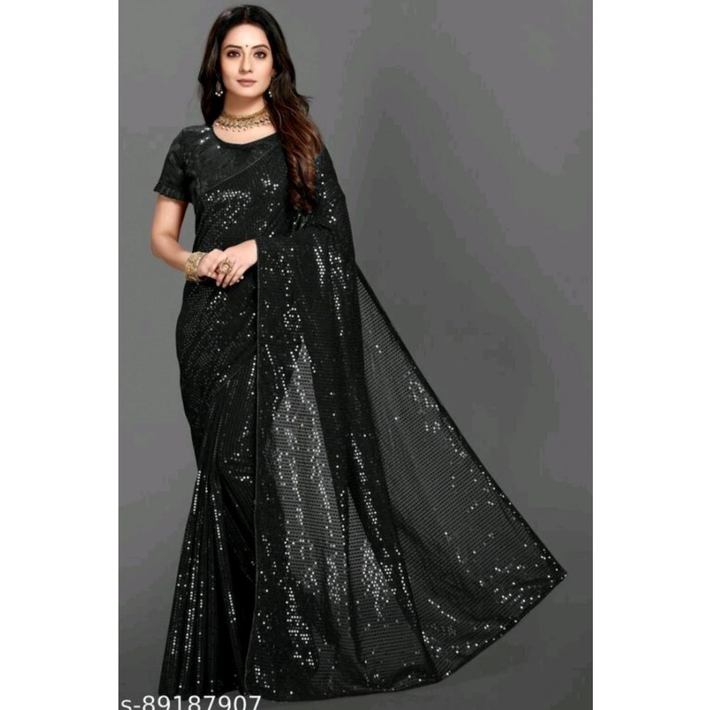Women's Georgette Embellished Sequnece Bollywood Saree With Unstitched Blouse 5.5mtr (black) | Women Signature Collection