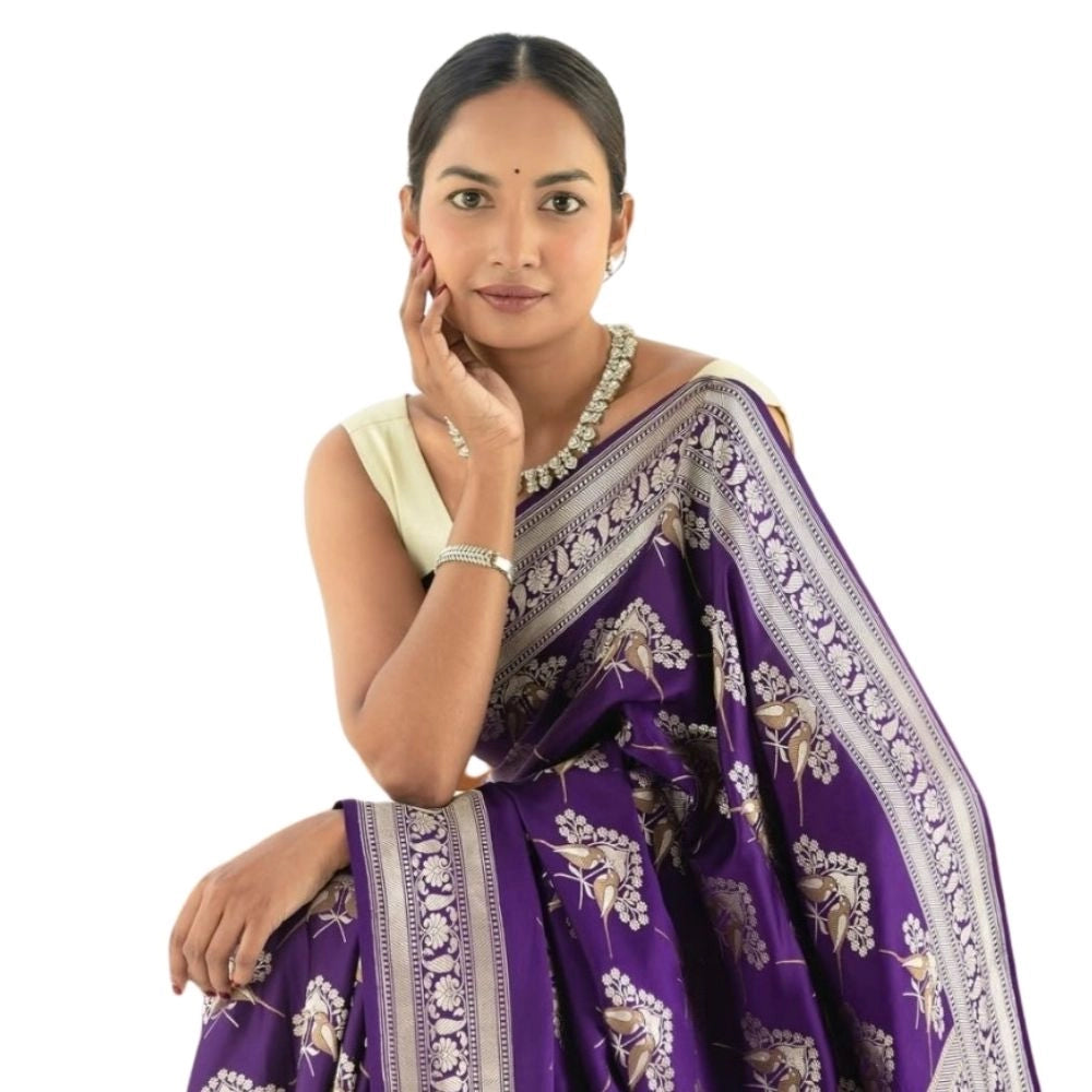 Women's Silk Printed Saree With Unstitched Blouse 5.5mtr (purple) | Women Signature Collection