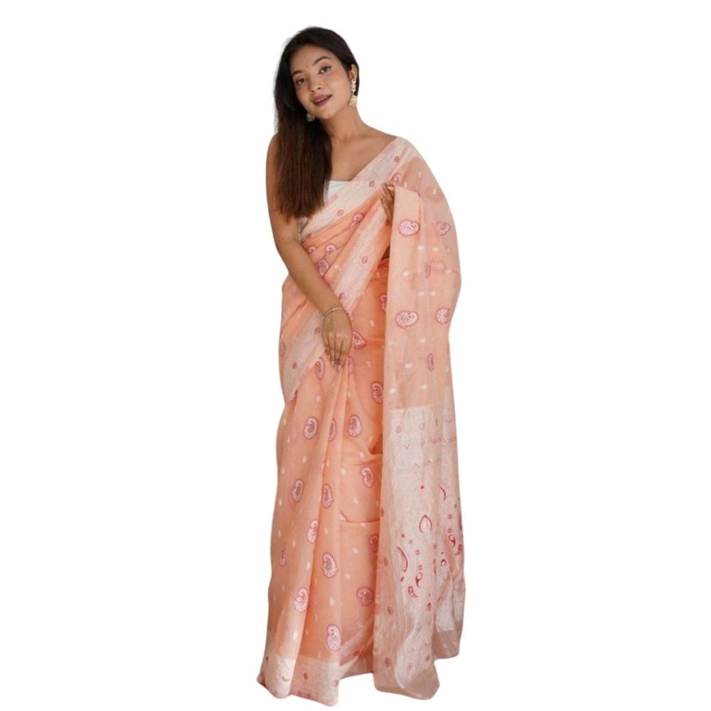 Women's Cotton Printed Saree With Unstitched Blouse 5.5mtr (peach) | Women Signature Collection