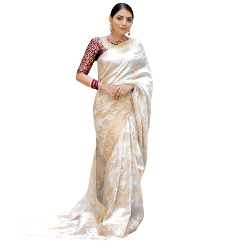 Women's Silk Printed Saree With Unstitched Blouse 5.5mtr (white) | Women Signature Collection