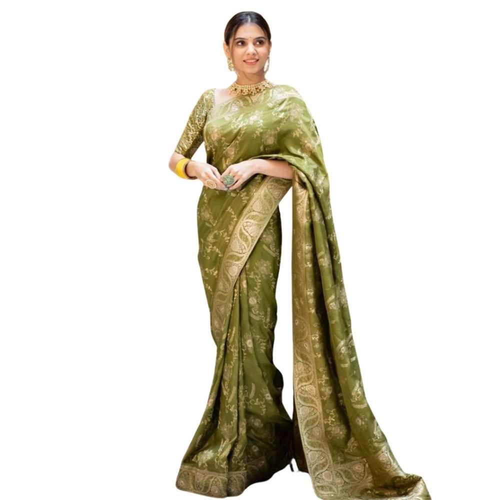 Women's Silk Printed Saree With Unstitched Blouse 5.5mtr (olive Green) | Women Signature Collection