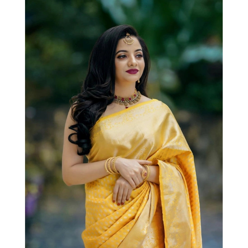 Women's Soft Lichi Silk Printed Saree With Unstitched Blouse 5.5mtr (yellow) | Women Signature Collection