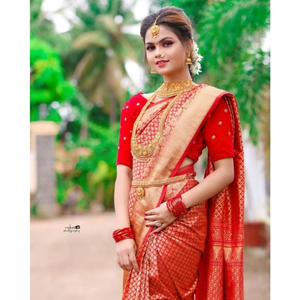 Women's Soft Lichi Silk Printed Saree With Unstitched Blouse 5.5mtr (red) | Women Signature Collection