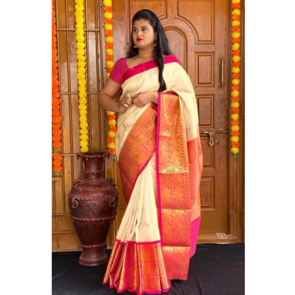 Women's Soft Lichi Silk Printed Saree With Unstitched Blouse 5.5mtr (cream) | Women Signature Collection