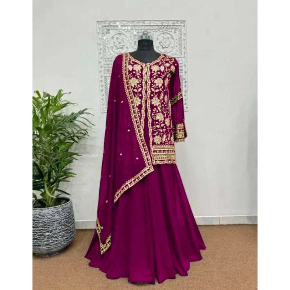 Women's Georgette Embroidery 3 4th Sleeve V Neck Kurti, Palazzo And Dupatta Set (wine) | Women Signature Collection