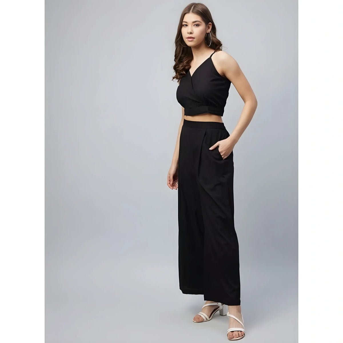 Women's Cotton Linen Solid Sleeveless Crop Top And Palazzo Set (black) | Women Signature Collection
