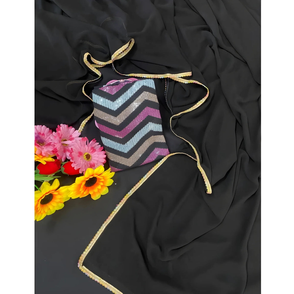 Women's Fox Georgette Solid Saree With Unstitched Blouse 5.5mtr (black) | Women Signature Collection