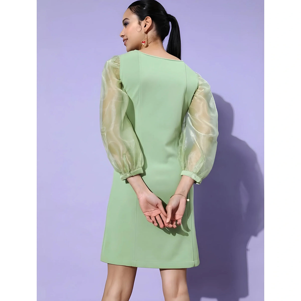 Women's Organza And Polyester Lycra Solid Long Sleeves Dress (green) | Women Signature Collection