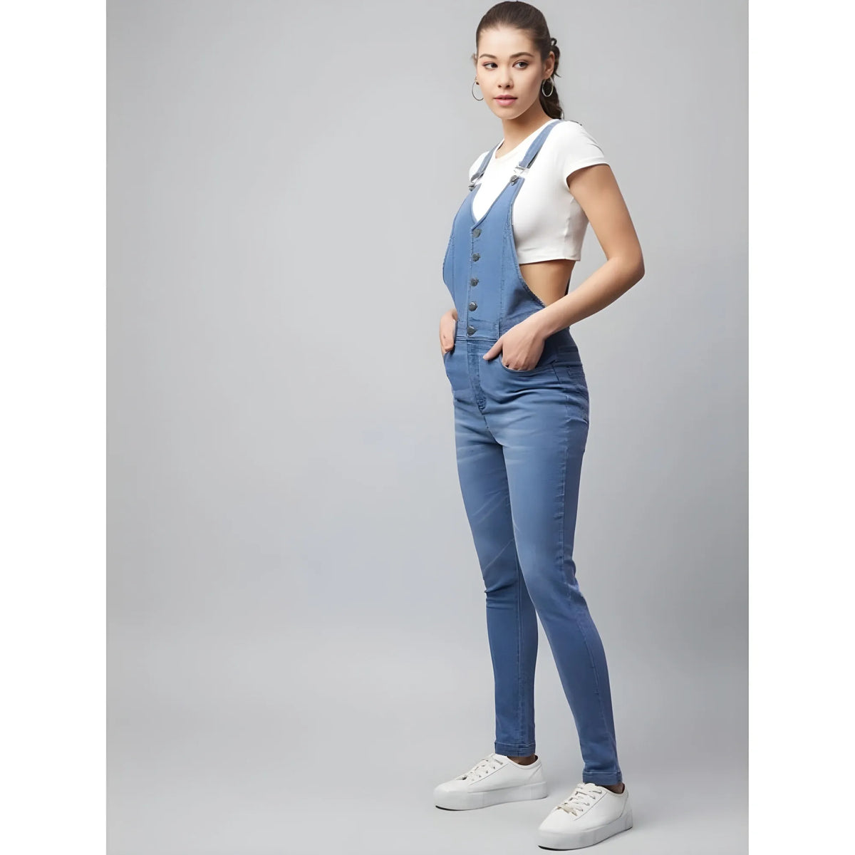 Women's Denim Lycra Solid Buttoned Dungaree (ice Blue) | Women Signature Collection